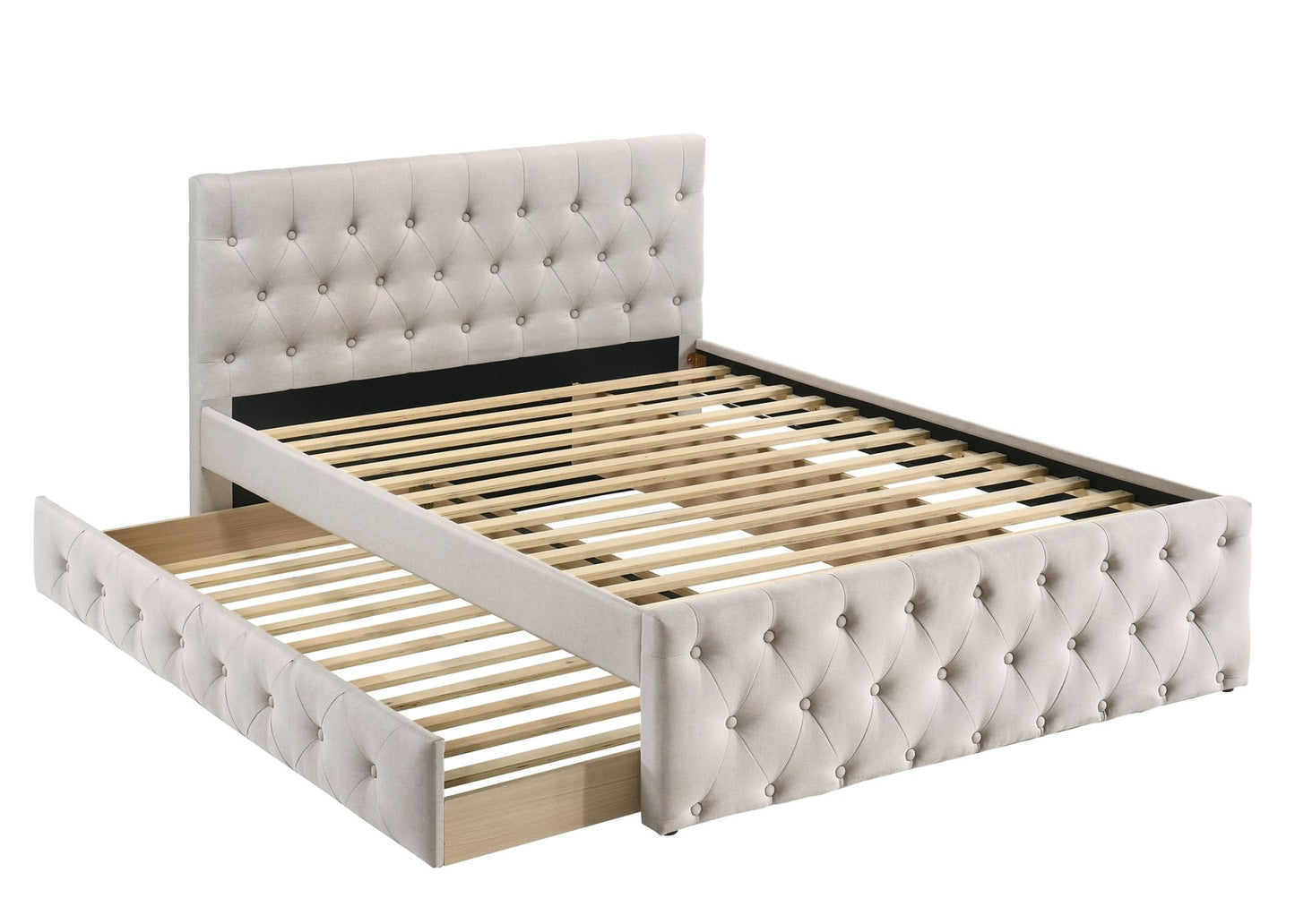 burlap upholstered tufted bed with storage