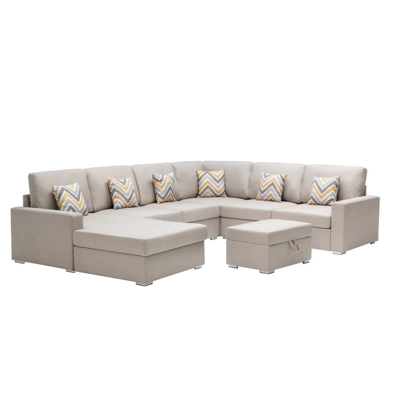 nolan 7pc reversible chaise sectional sofa with interchangeable legs, 6 pillows and storage ottoman