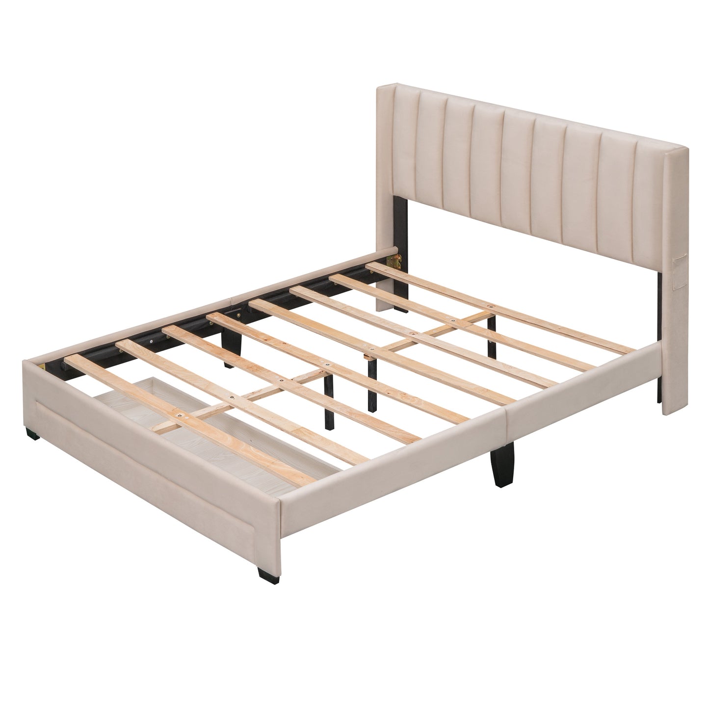 queen size storage bed velvet upholstered platform bed with a big drawer - beige