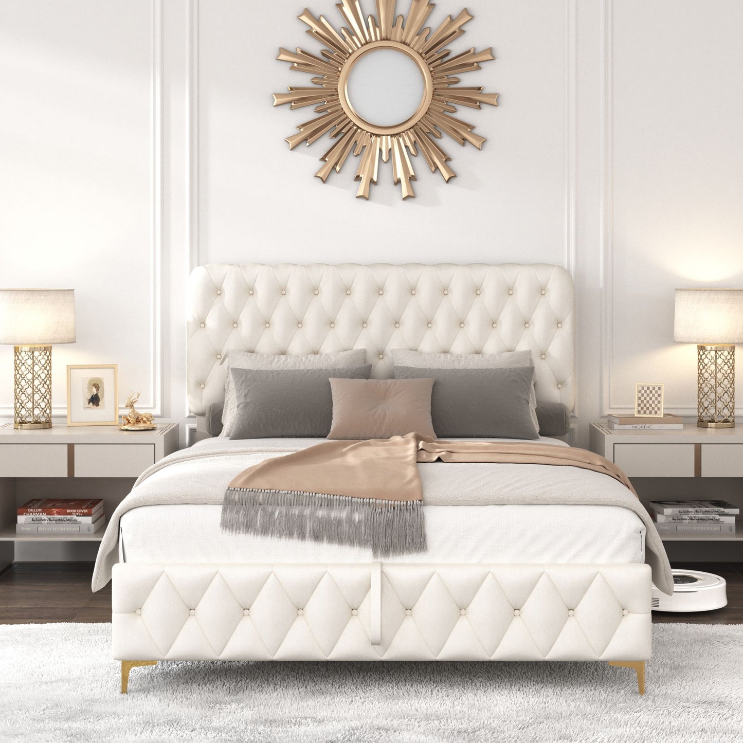 velvet upholstered bed with deep tufted buttons & pneumatic hydraulic function, beige