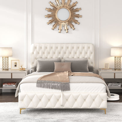Velvet Upholstered Bed with Deep Tufted Buttons & pneumatic hydraulic function, Beige