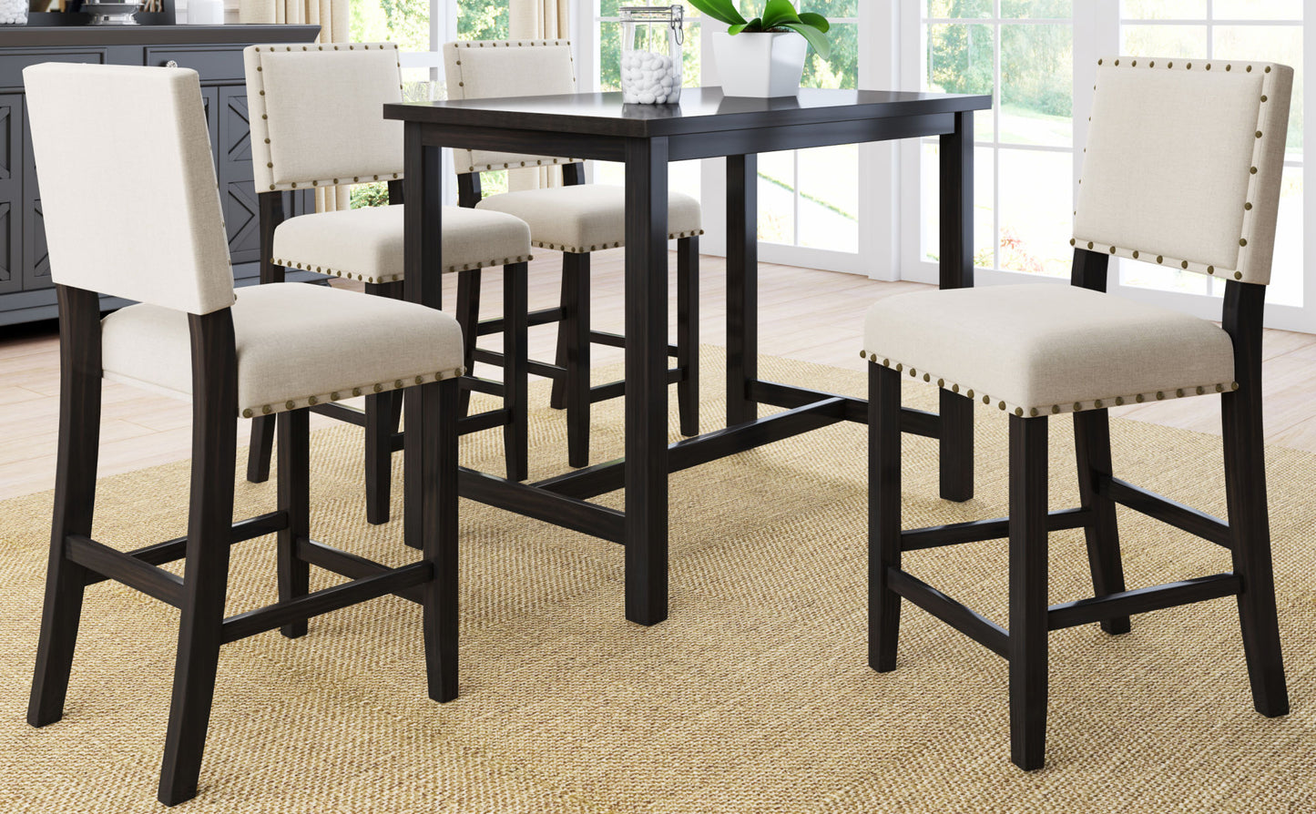 5 piece rustic wooden counter height dining table set, espresso+ beige