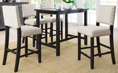 5 Piece Rustic Wooden Counter Height Dining Table Set, Espresso+ Beige