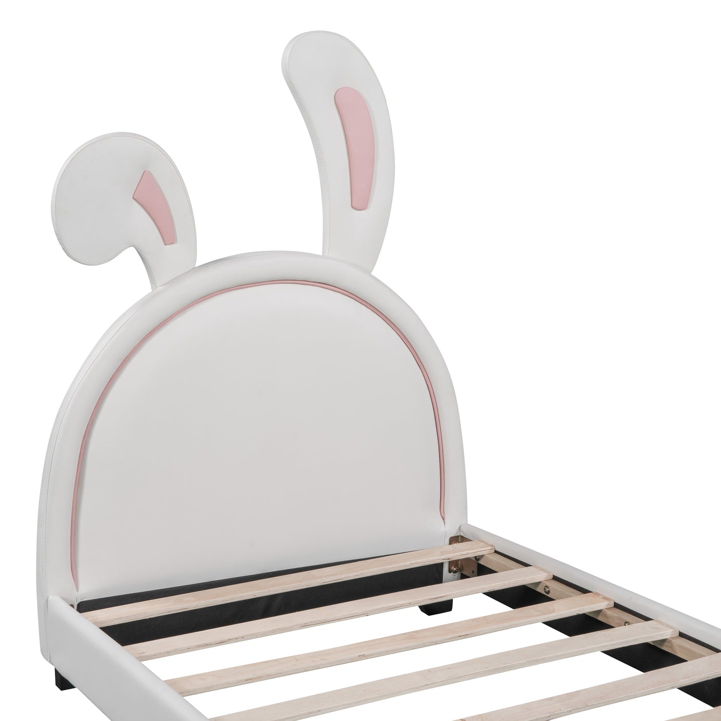 twin size upholstered leather platform bed with rabbit ornament, white