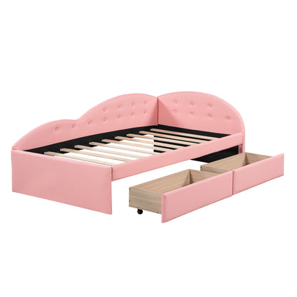 Upholstered Tufted Bed with Two Drawers and Cloud Shaped Guardrail, Pink