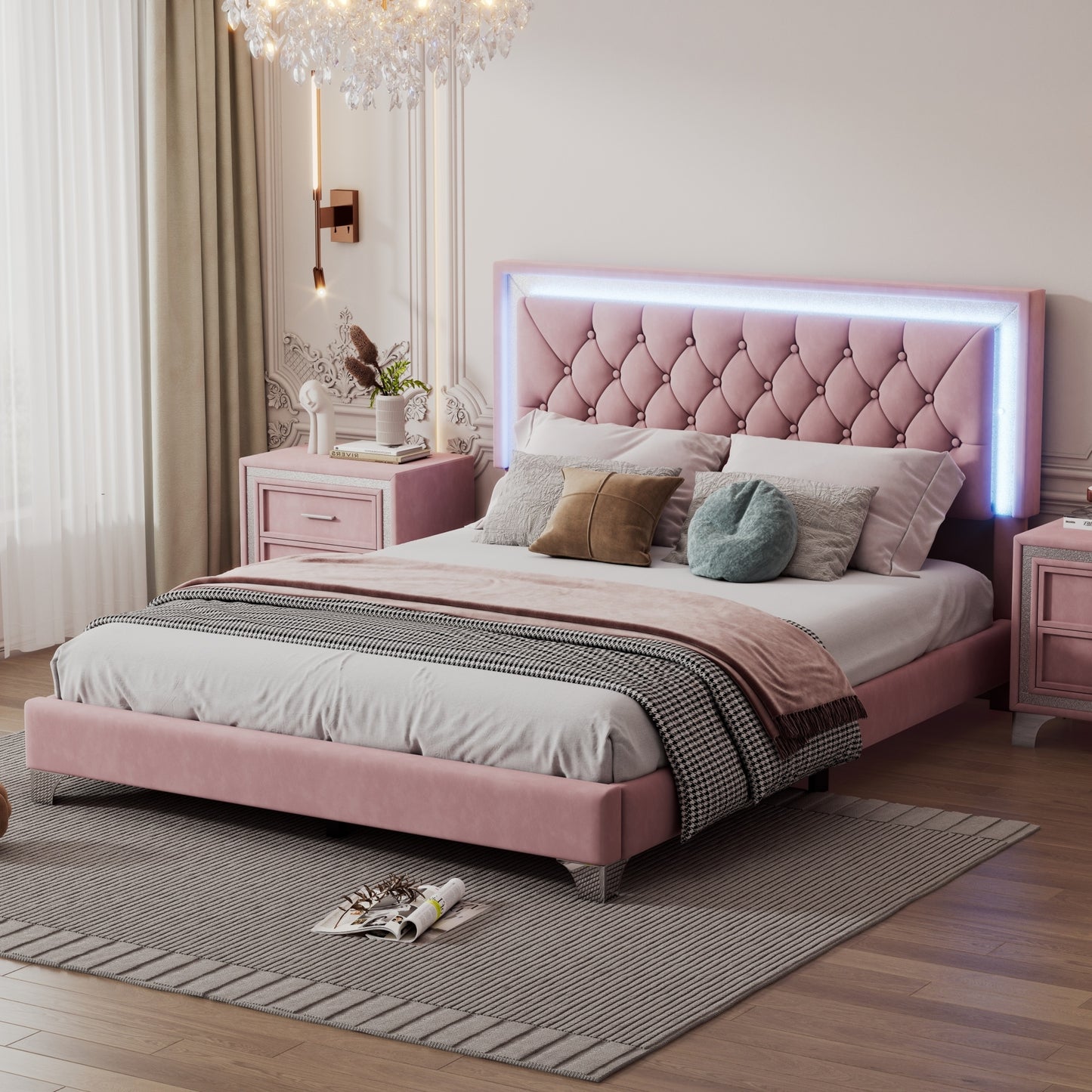 upholstered velvet bed frame with led lights, pink