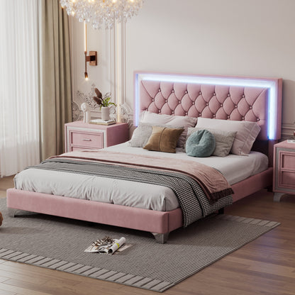 Upholstered Velvet Bed Frame with LED Lights, Pink