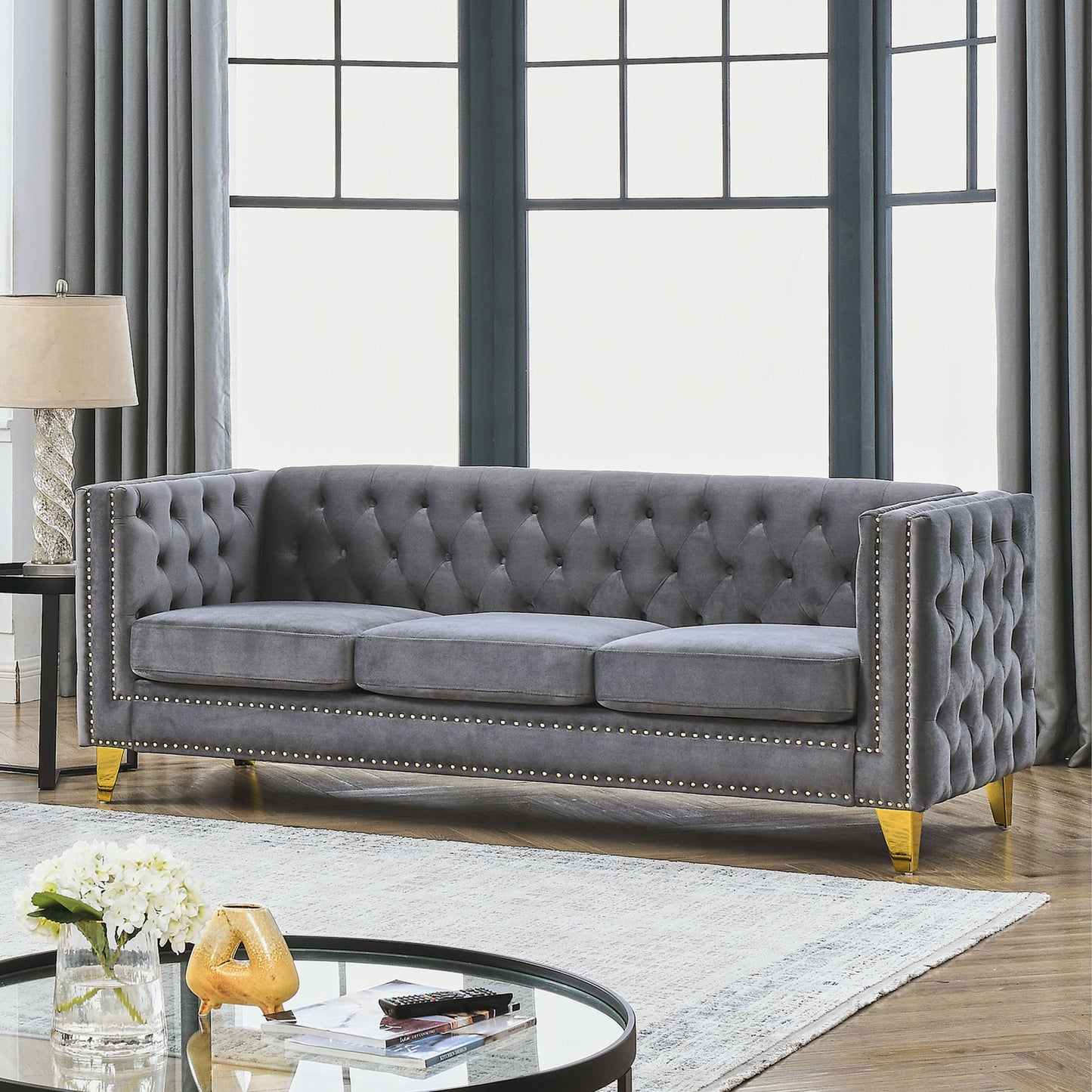 velvet sofa tufted square arm couch, grey velvet