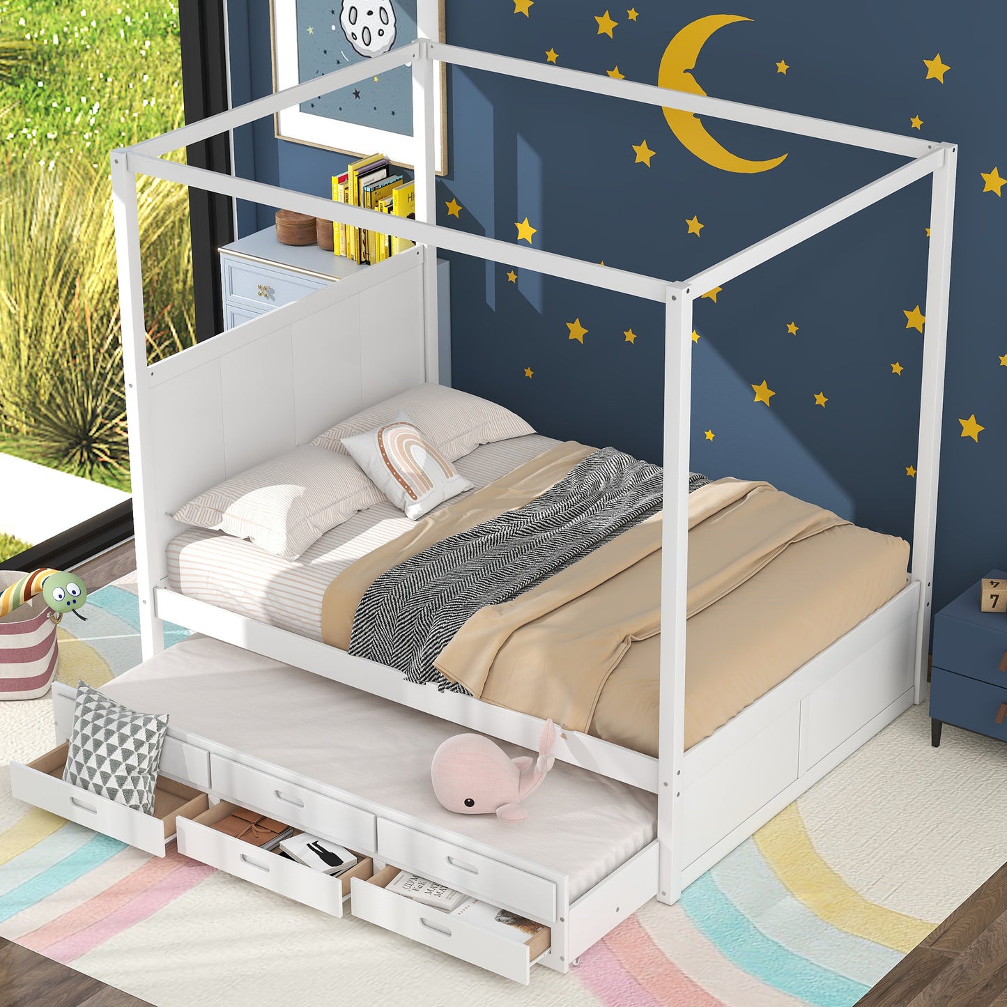 queen size canopy platform bed with twin size trundle and three storage drawers,white