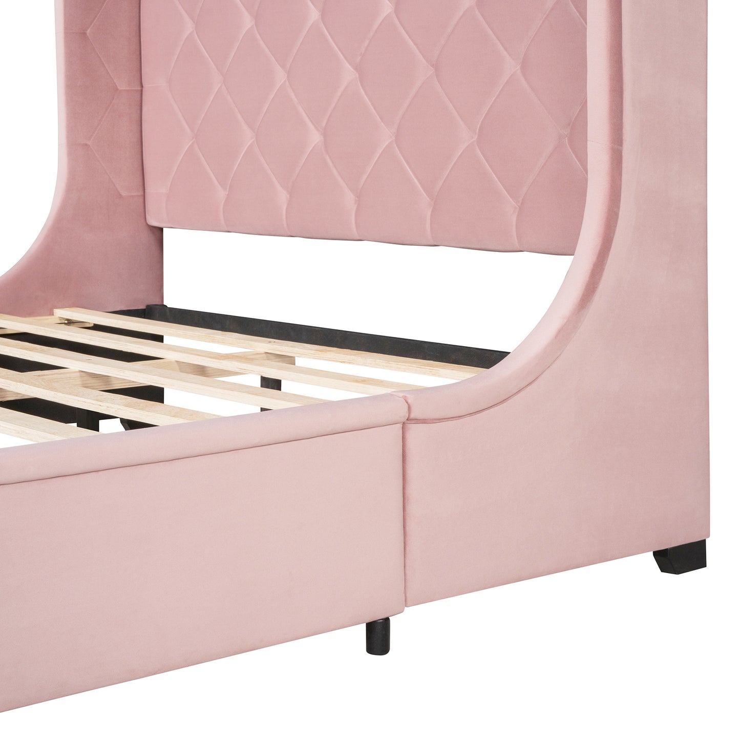 modern velvet upholstered platform bed with wingback headboard and a big drawer