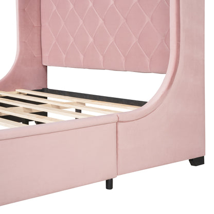 Modern Velvet Upholstered Platform Bed with Wingback Headboard and a Big Drawer
