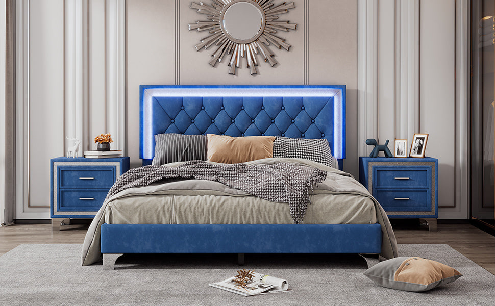 3-pieces upholstered platform bed with led lights and two nightstands-blue