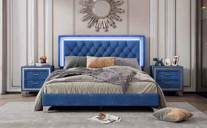 3-Pieces Upholstered Platform Bed with LED Lights and Two Nightstands-Blue
