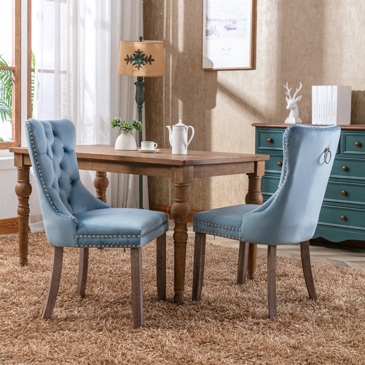 nikki collection modern high-end tufted dining chairs 2-pcs set, light blue