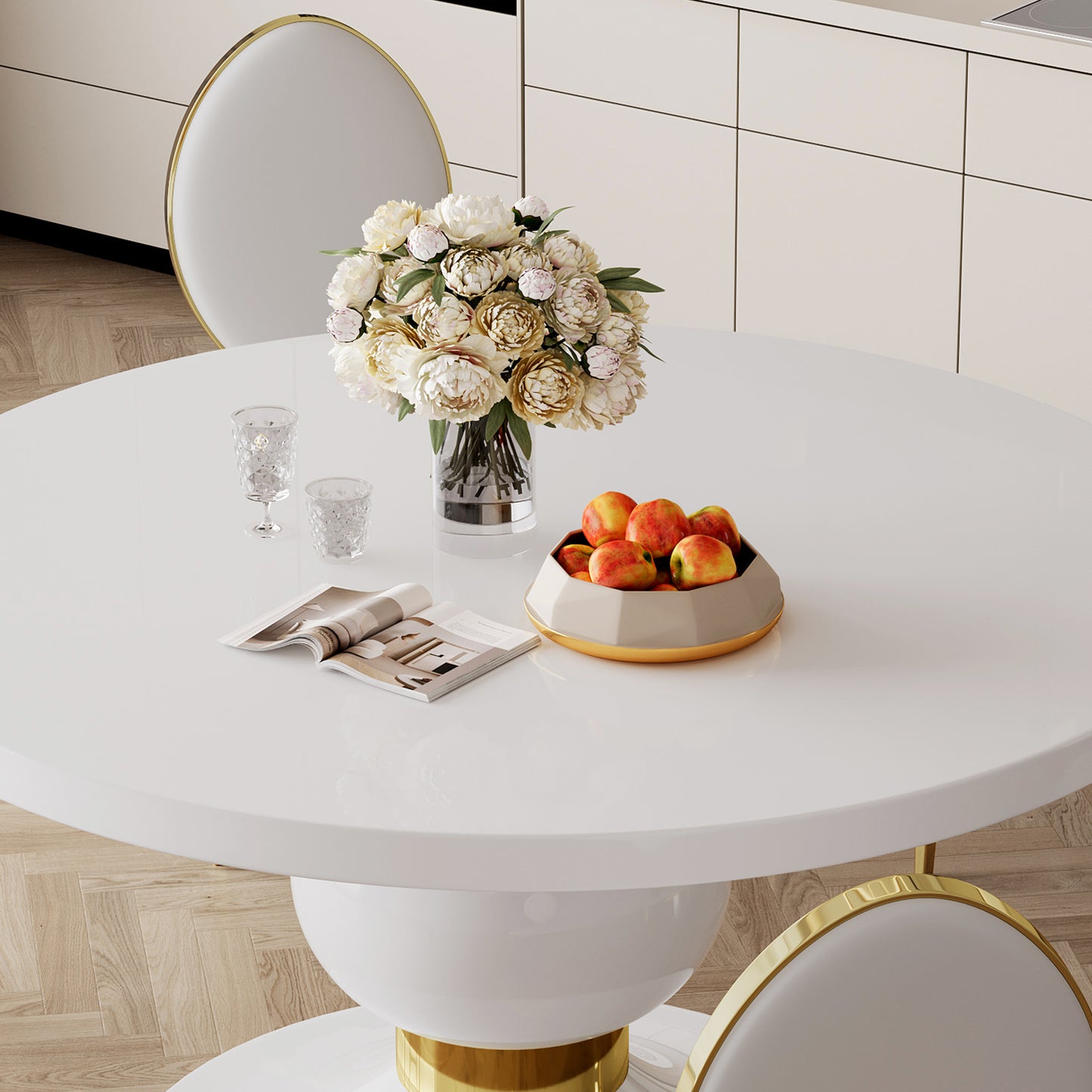 59" round white mdf dining table, base with gold finish stainless steel circle