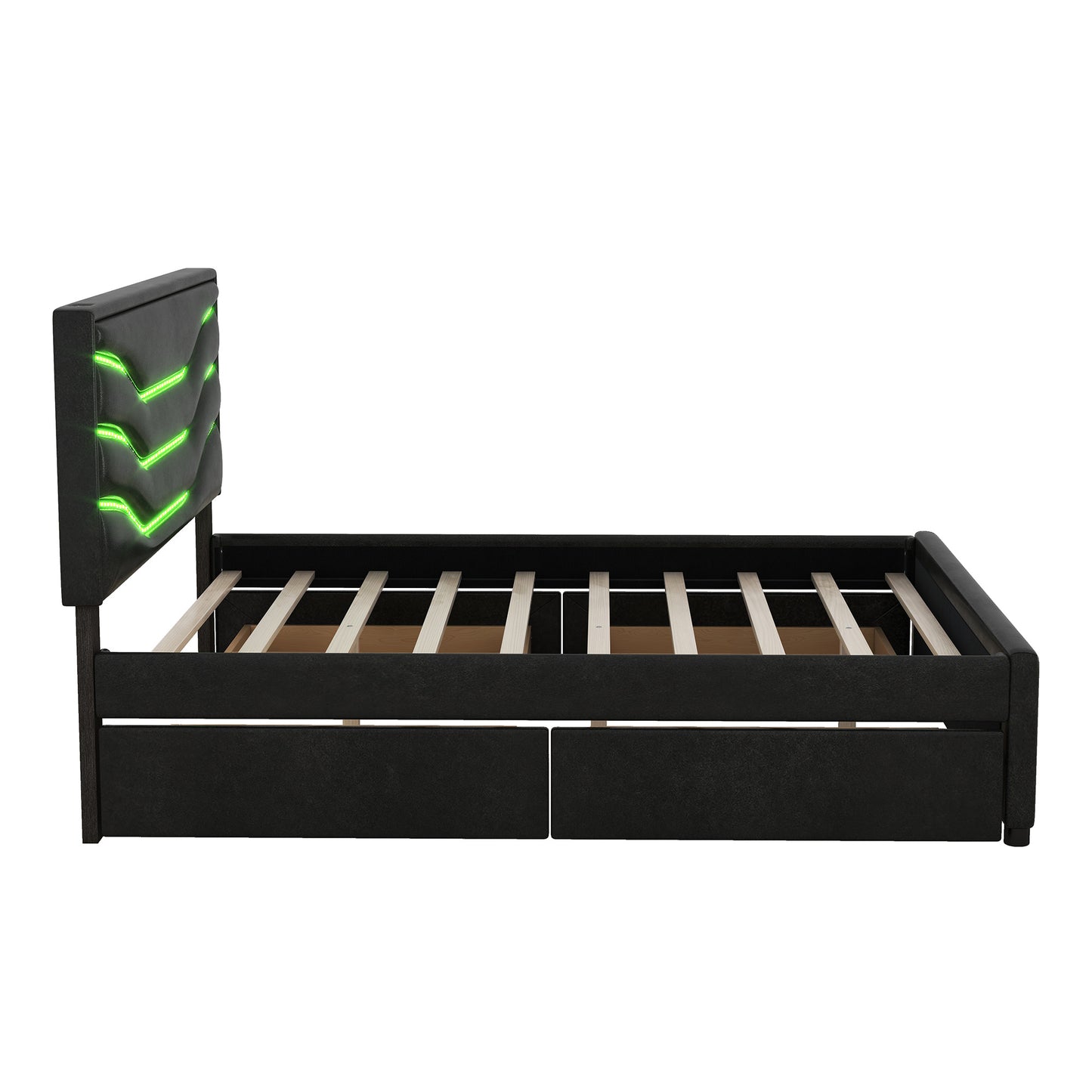 retro upholstered storage platform bed with led, 4 drawers and usb charging, black