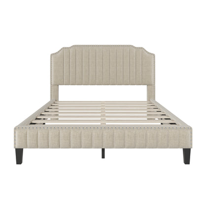 Modern Linen Curved Upholstered Platform Bed, Beige