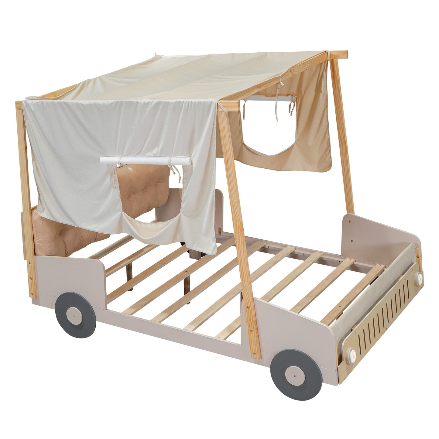 wooded car bed with pillow, ceiling cloth and led lights