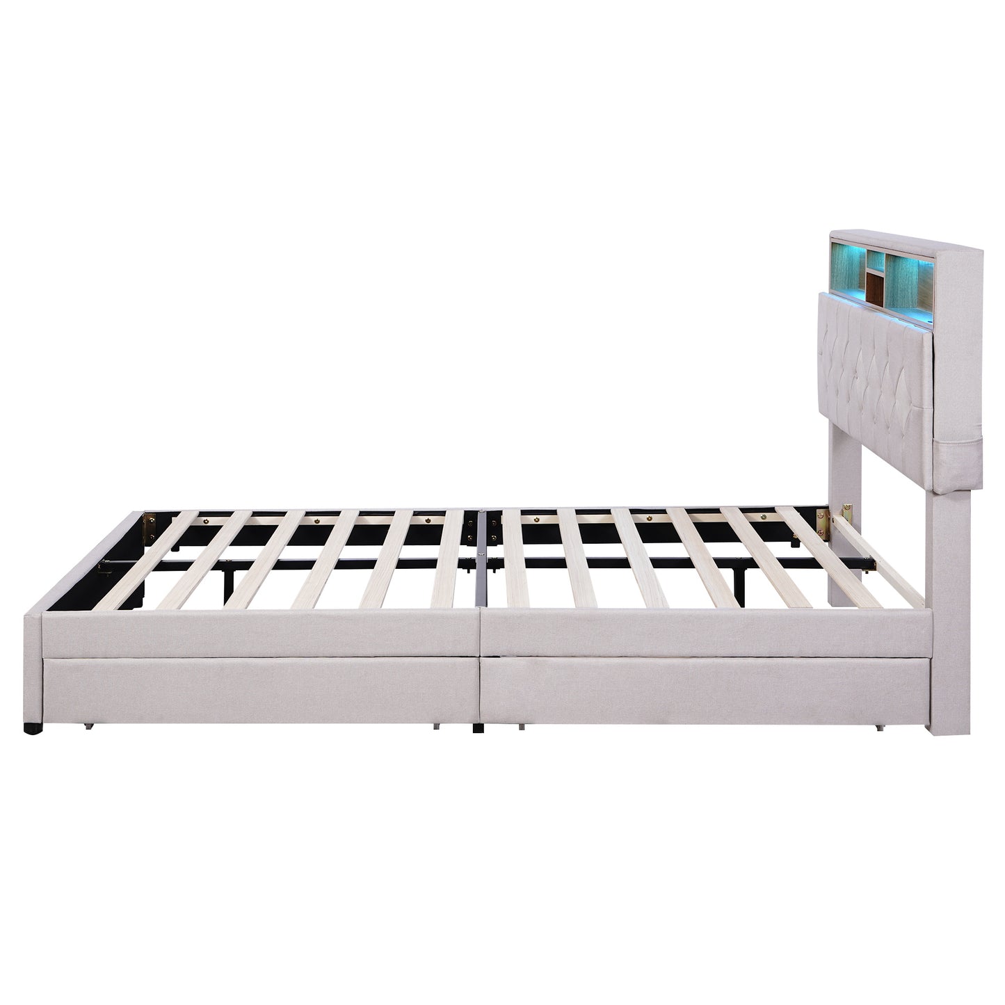 upholstered bed with storage headboard, led, usb charging and 2 drawers