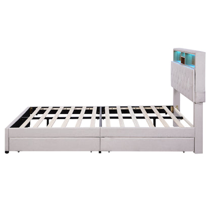 Upholstered Bed with Storage Headboard, LED, USB Charging and 2 Drawers