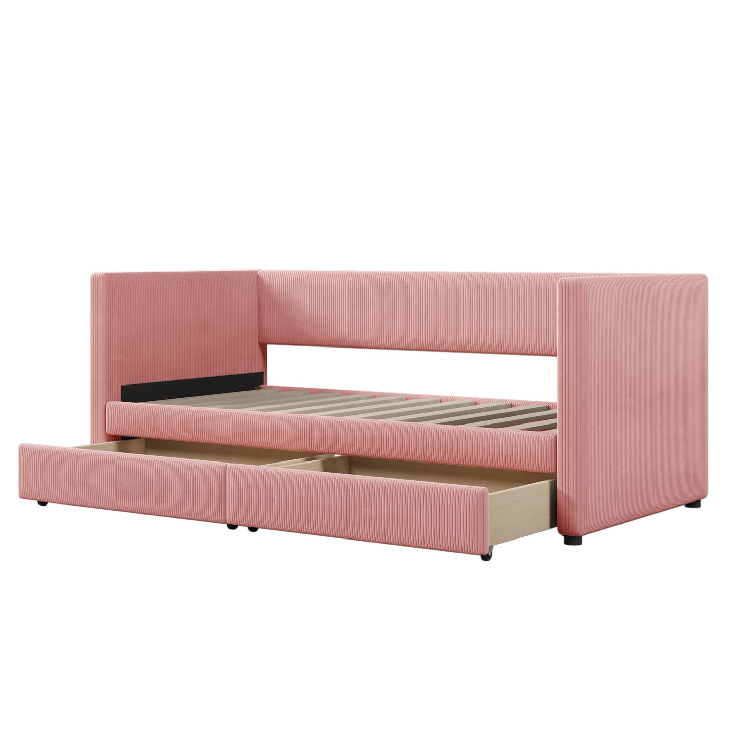 corduroy bed with two drawers and wood slat, pink