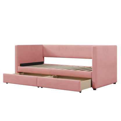 Corduroy Bed with Two Drawers and Wood Slat, Pink