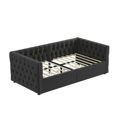Velvet Upholstered Tufted Bed with Drawers, Black