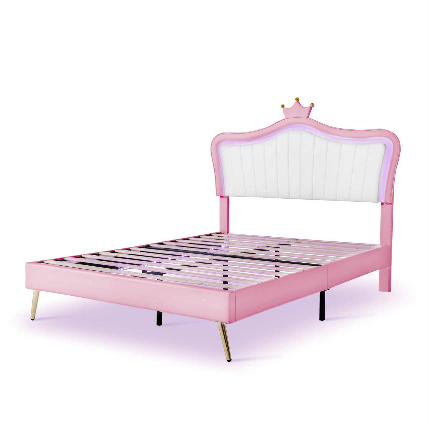 modern upholstered princess bed with crown headboard and led lights, white+pink