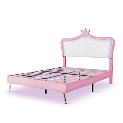Modern Upholstered Princess Bed With Crown Headboard and LED Lights, White+Pink