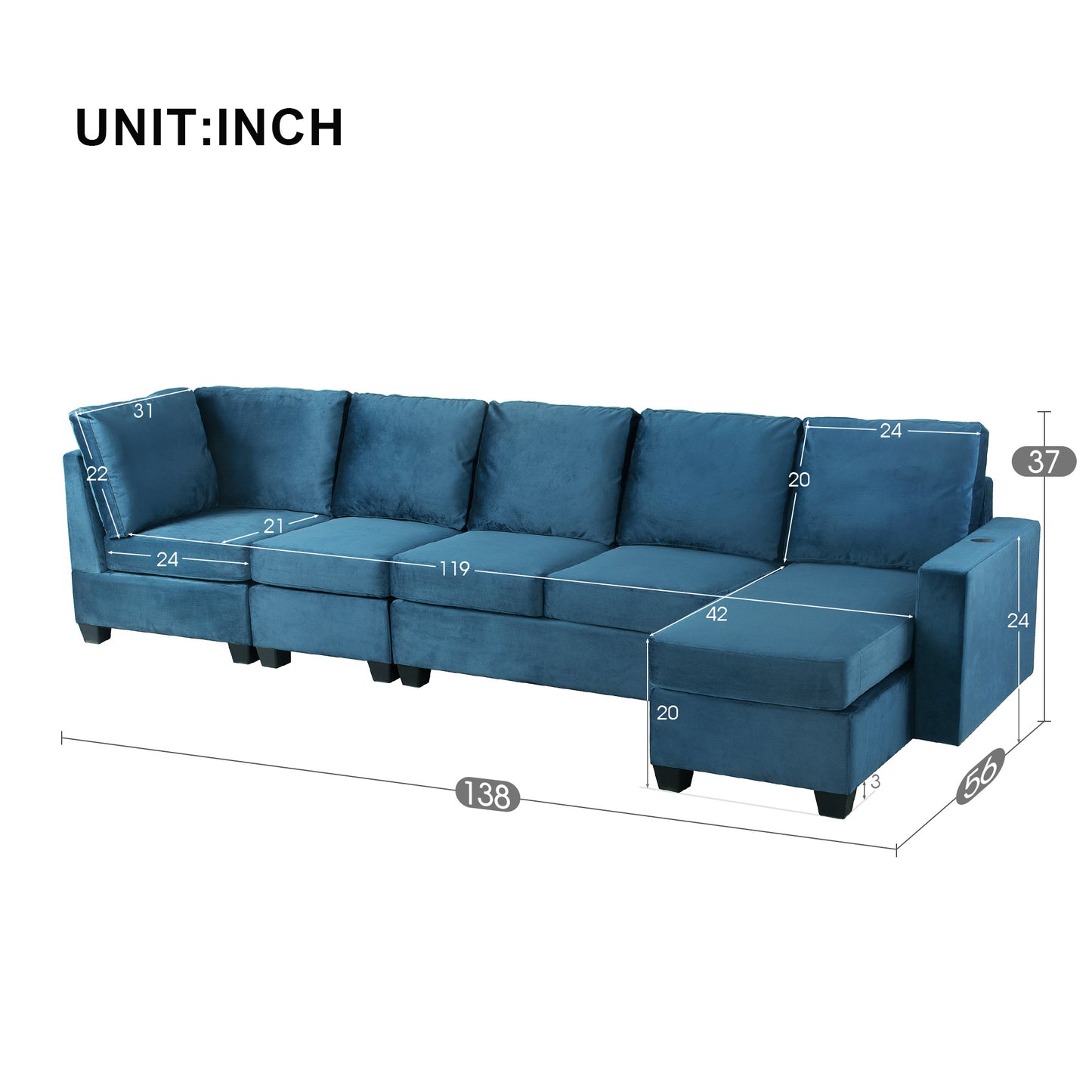 modern l shape sectional sofa with usb charging port, navy