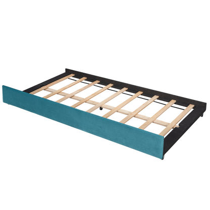 Upholstered Daybed with Trundle Bed and Wood Slat ; Blue