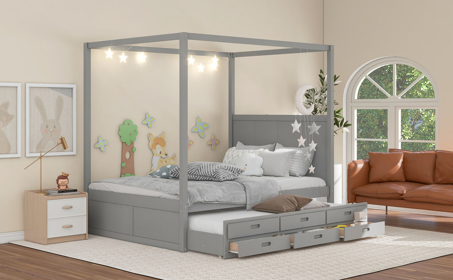 queen size canopy platform bed with twin size trundle and three storage drawers,gray