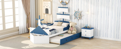 Boat-Shaped  Bed with Twin size Trundle & Storage, Blue