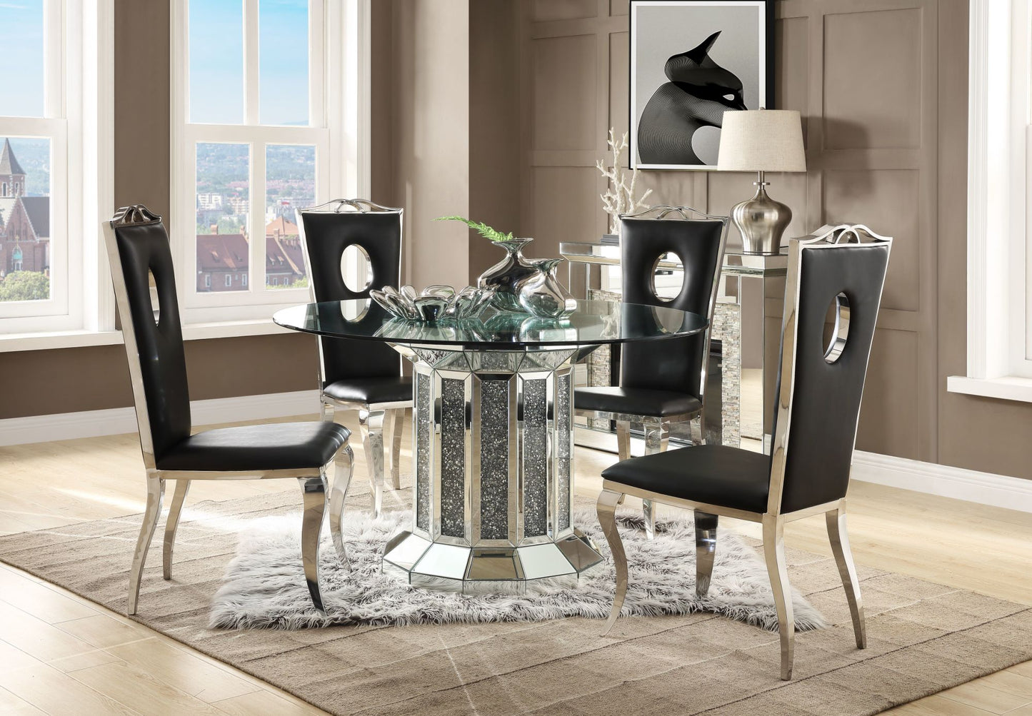 acme noralie dining table, mirrored & faux diamonds