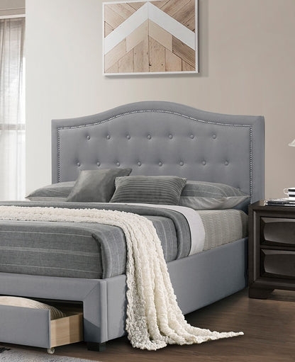 Burlap with Drawer Button Tufted Arch Design Headboard +Storage, Light Grey