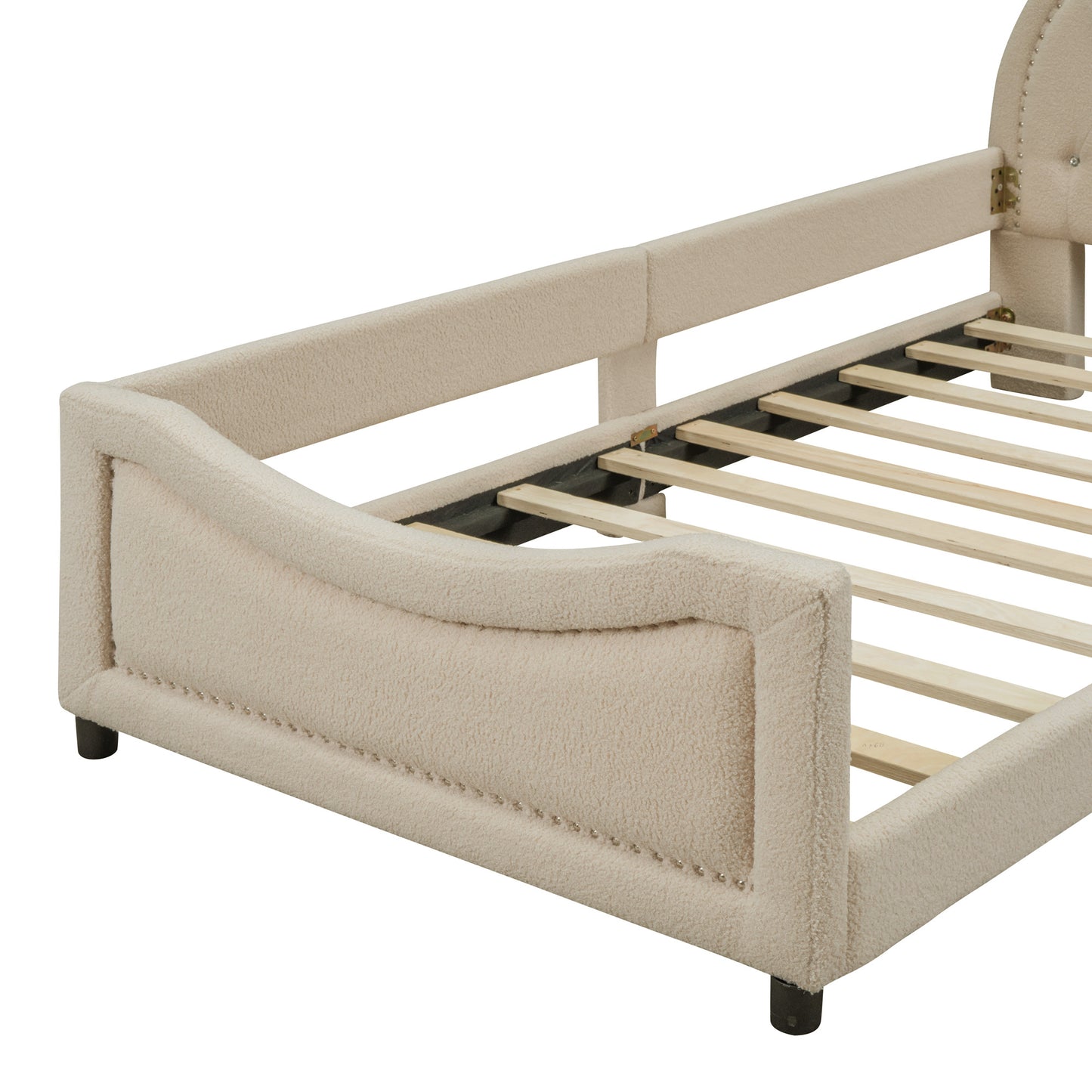 teddy fleece upholstered daybed with ox horn shaped headboard, beige