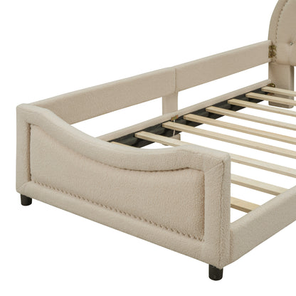 Teddy Fleece Upholstered Daybed with OX Horn Shaped Headboard, Beige