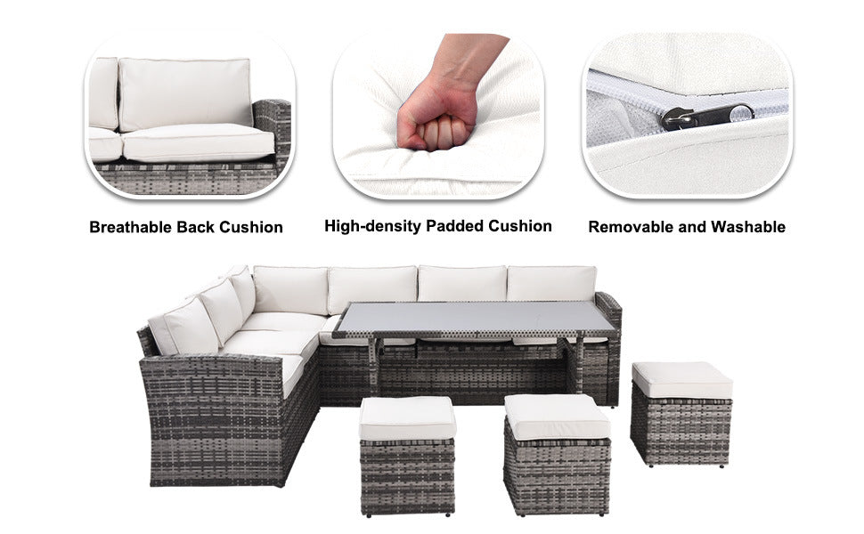 7 pieces outdoor sectional conversation sofa with dining table, chairs and ottomans, grey+beige
