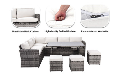 7 Pieces Outdoor Sectional Conversation Sofa with Dining Table, Chairs and Ottomans, Grey+Beige