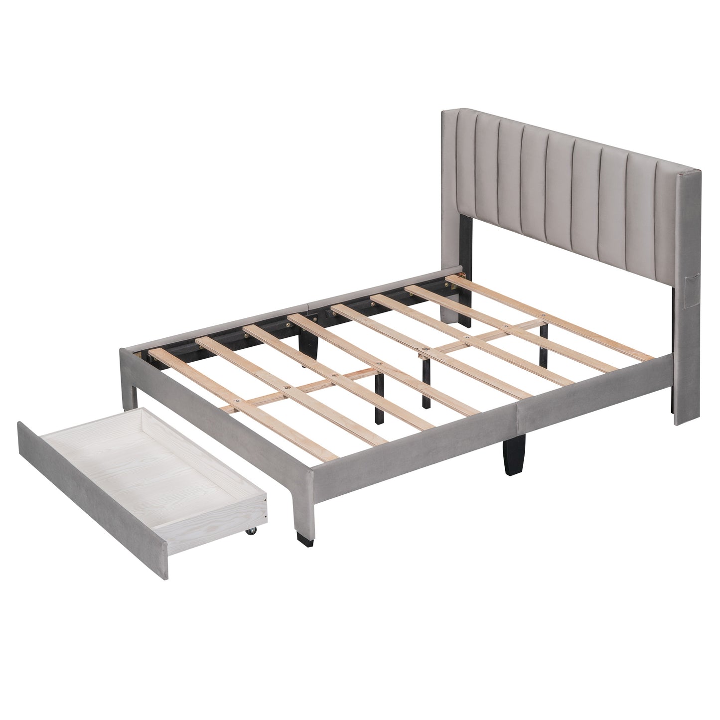danny velvet upholstered platform bed with a big drawer - gray