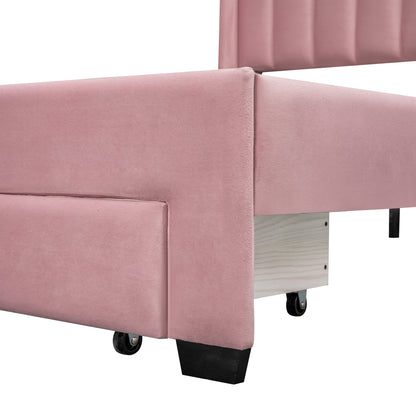Velvet Upholstered Platform Bed with a Big Drawer - Pink