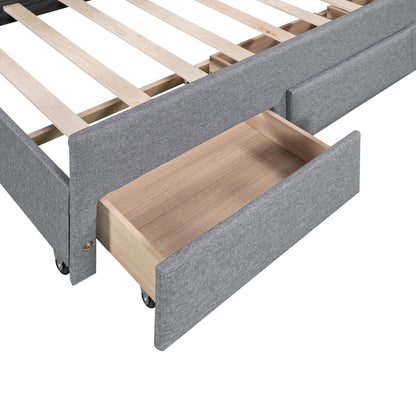Upholstered Platform Bed with Pull-out Twin Size Trundle and 3 Drawers, Gray