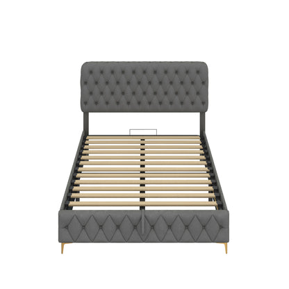 Velvet Upholstered Bed with Deep Tufted Buttons & pneumatic hydraulic function, Grey