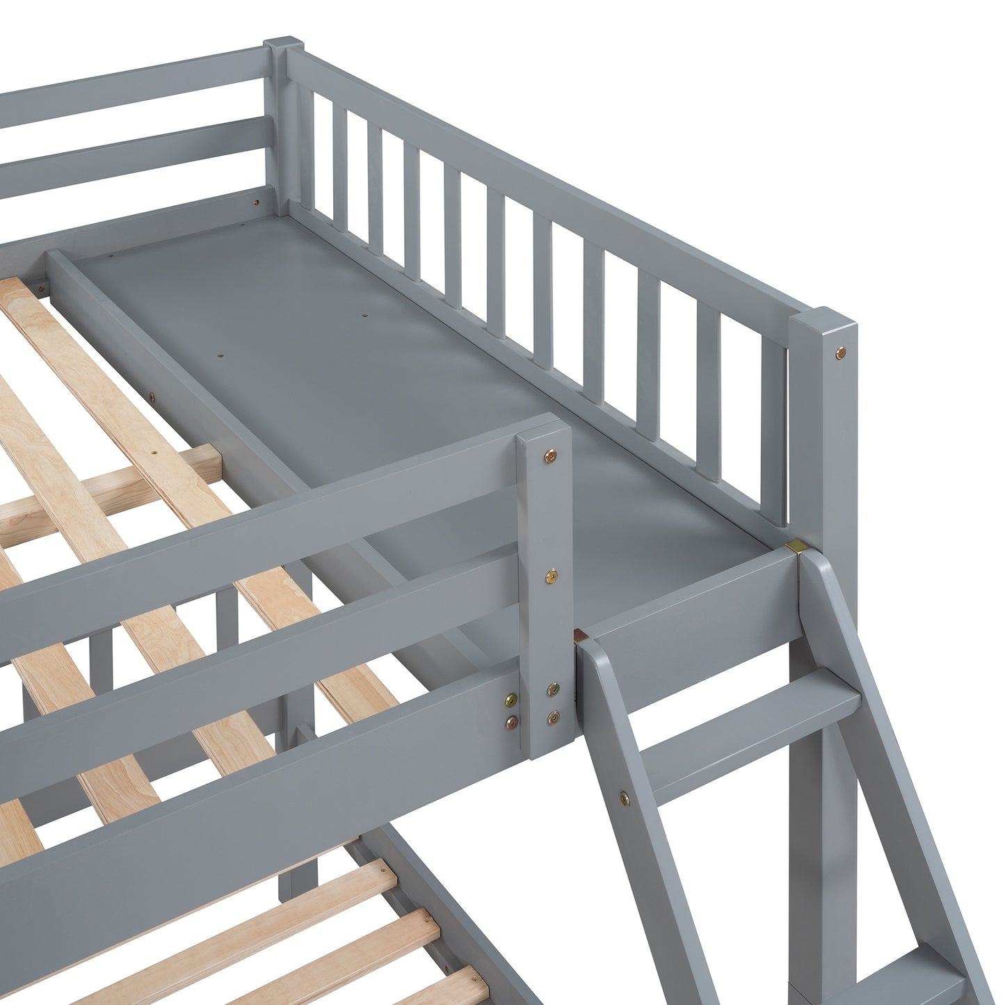 triple bunk bed with drawers and guardrails, gray