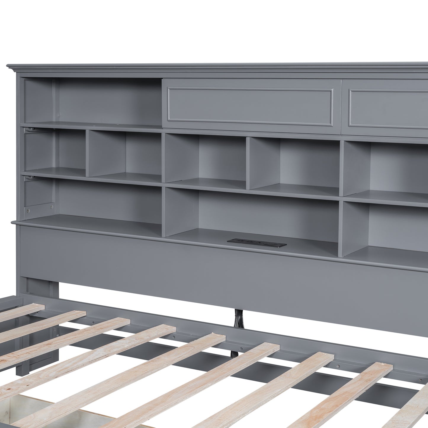 wood bed with multi-storage shelves, charging station and 3 drawers, gray