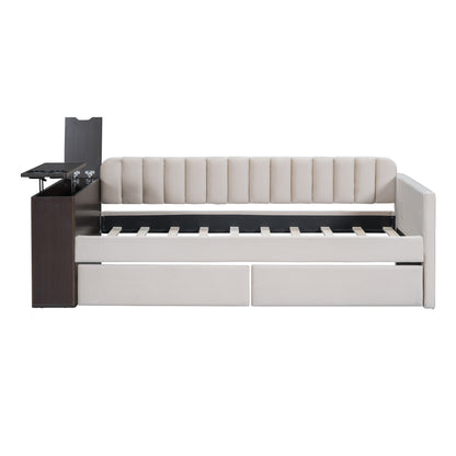 Upholstered Multi-functional Daybed with Cup Holder and a set of USB Ports and Sockets, Beige