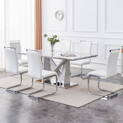 MDF Faux Marble Dining Table with White Double V-Shaped Support