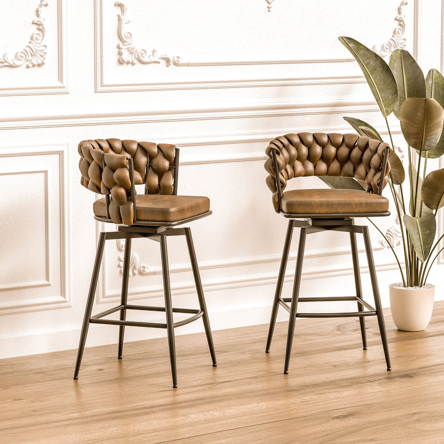 technical leather woven bar stool set of 4, brown