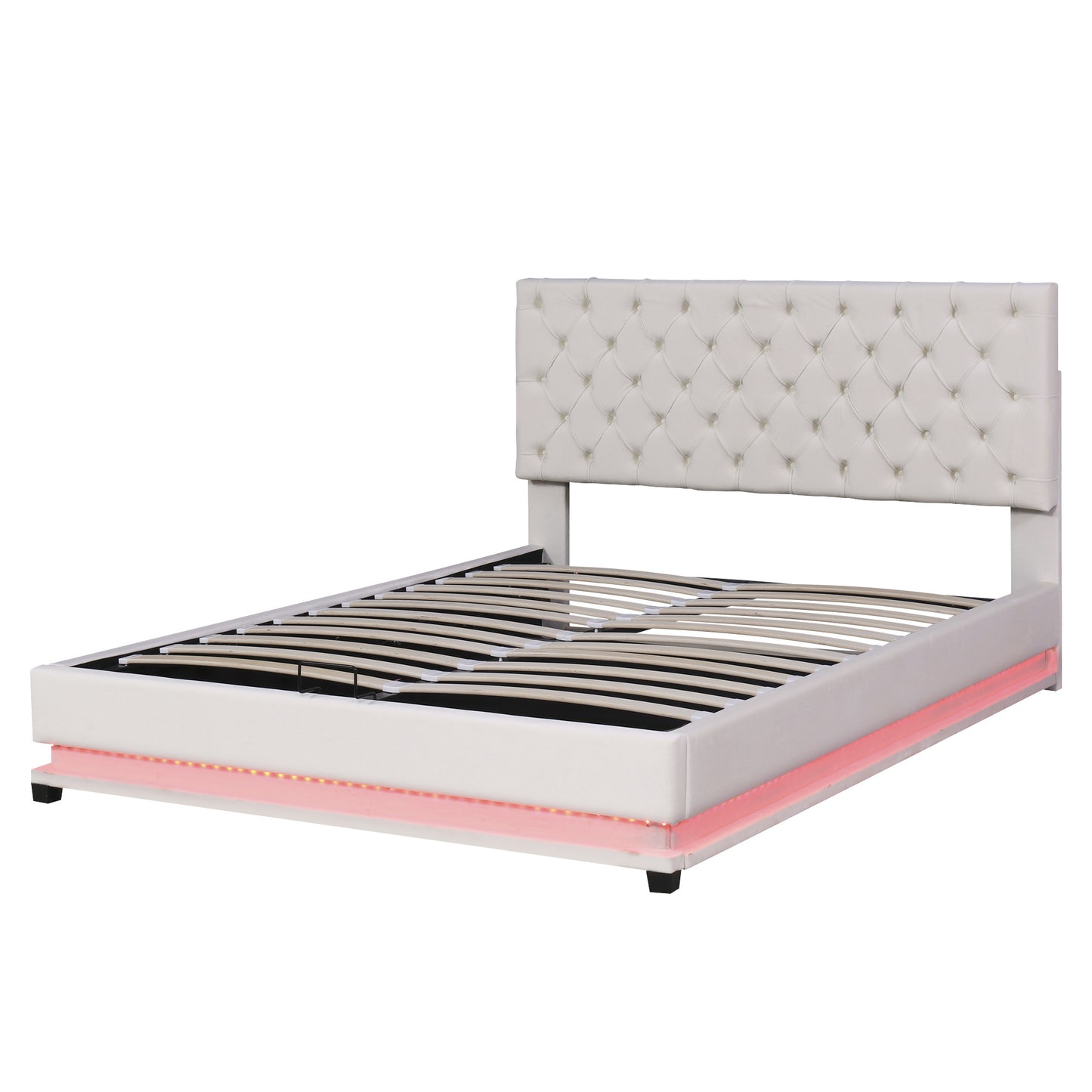 upholstered platform bed with adjustable tufted headboard and led light