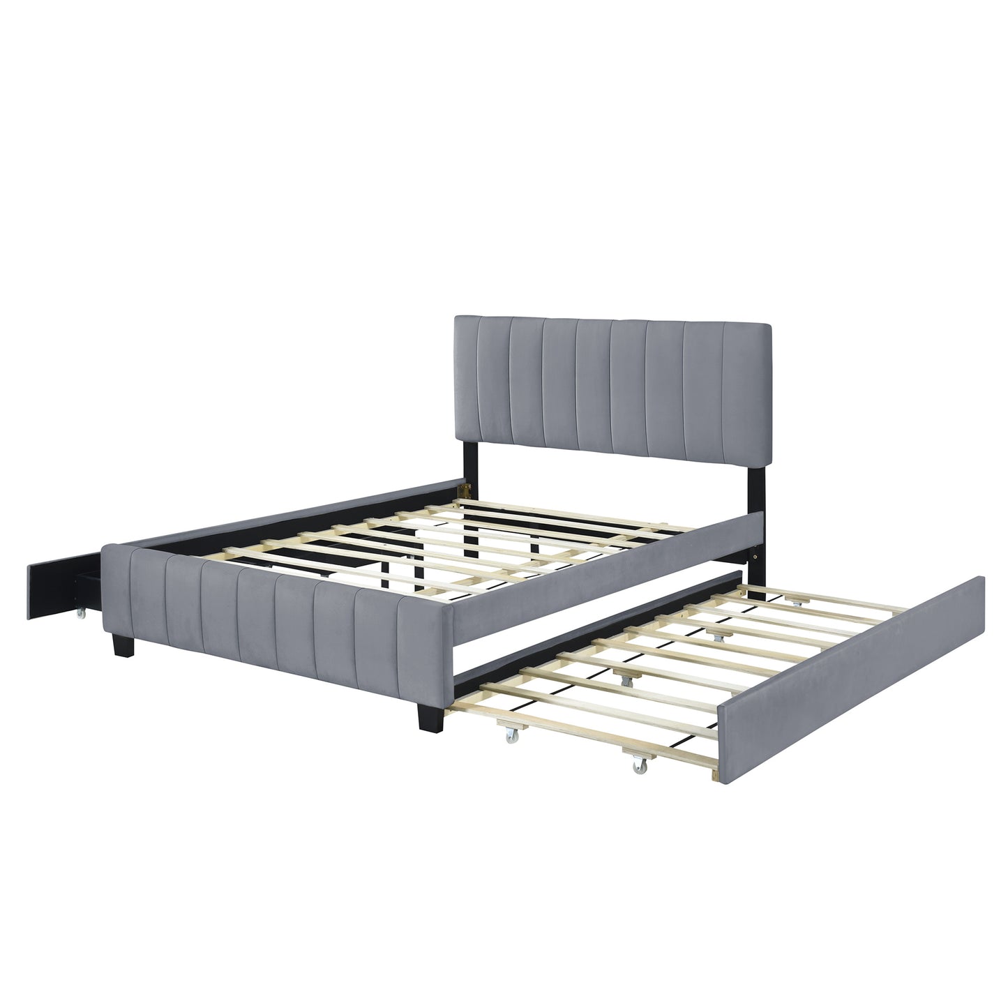 elegant velvet upholstered platform bed with 2 drawers and 1 twin xl trundle- gray